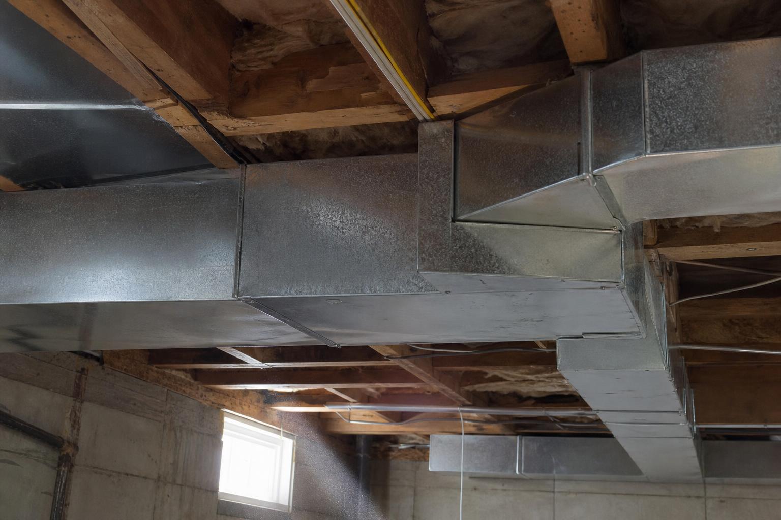 Insulated residential ductwork in a basement ceiling