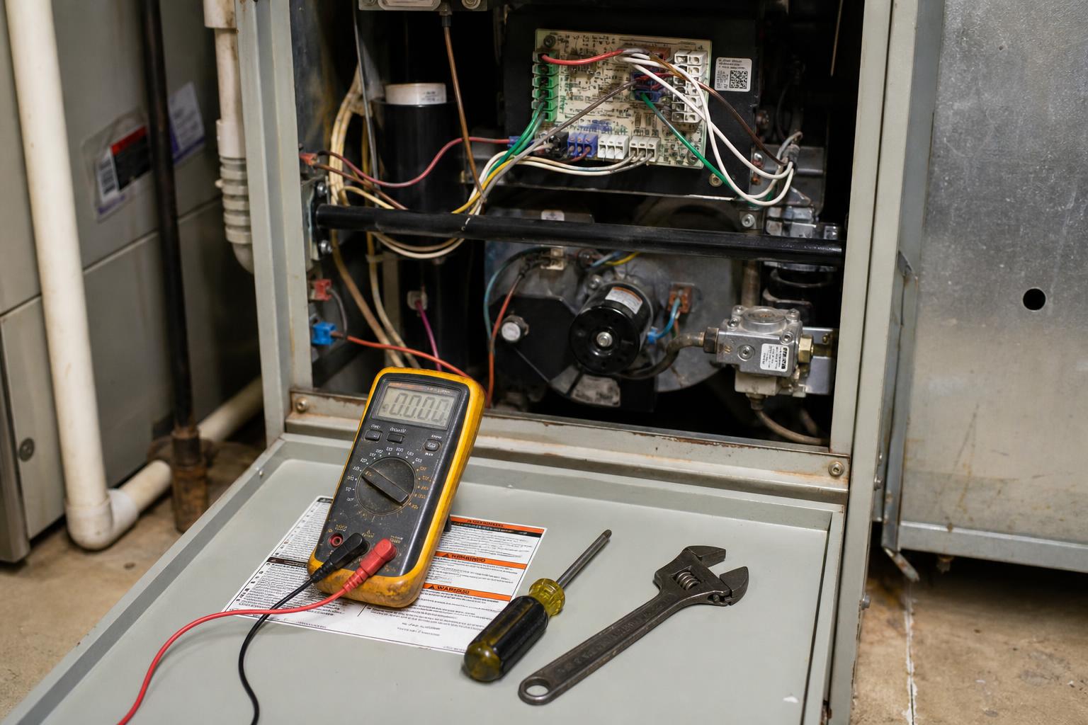 Technician servicing a furnace control board with multimeter